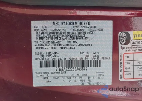 2006 Ford Freestar Sel z USA, uszkodzony, nr VIN 2FMZA52226BA65872